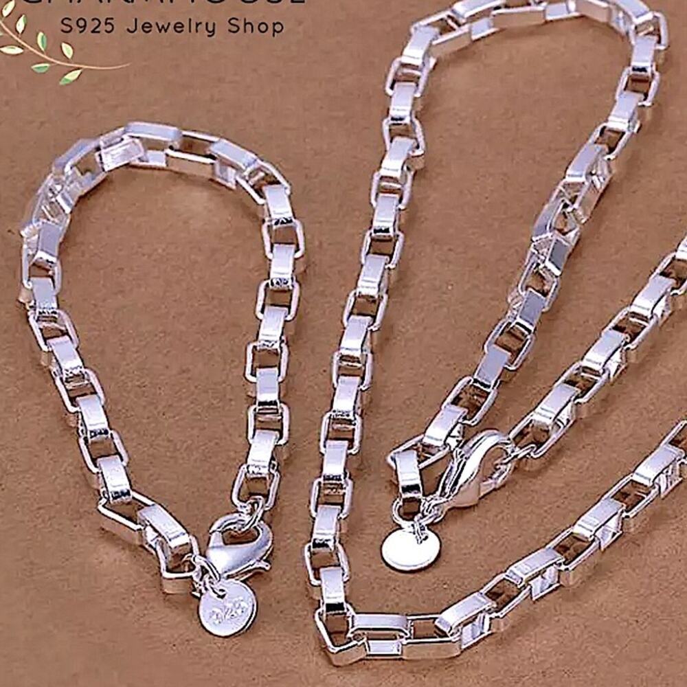 Sterling Silver Box Chain Link Unisex Necklace Matching Bracelet Set